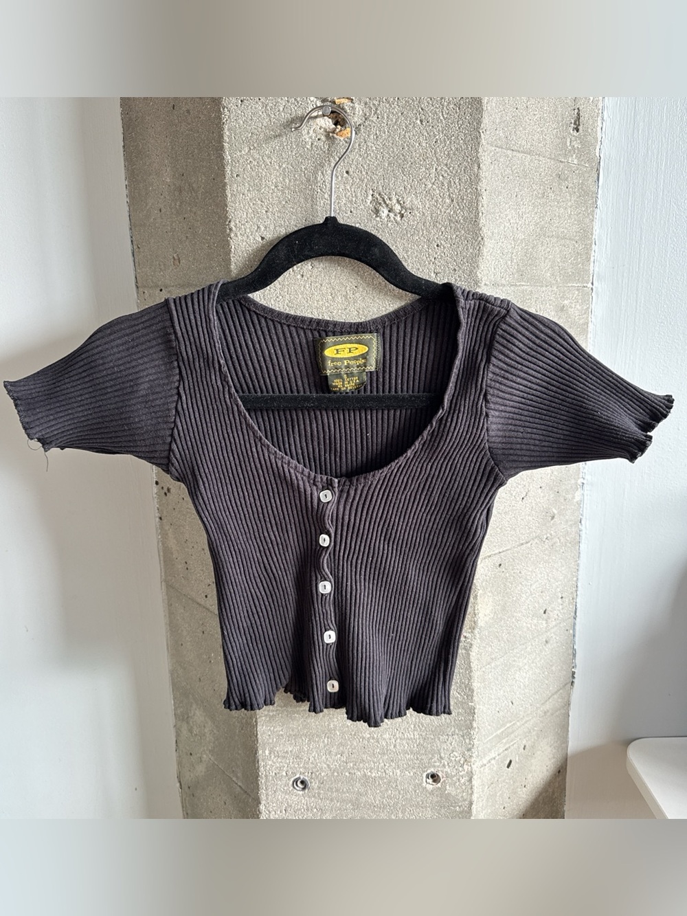 Free People Vintage 90s Black ribbed knit button up crop top